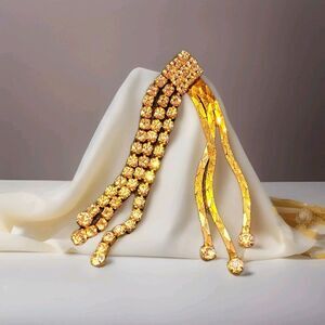 Dainty Gold Tone Double Fringe Rhinestone Sparkle Fashion Necklace Slide Pendant